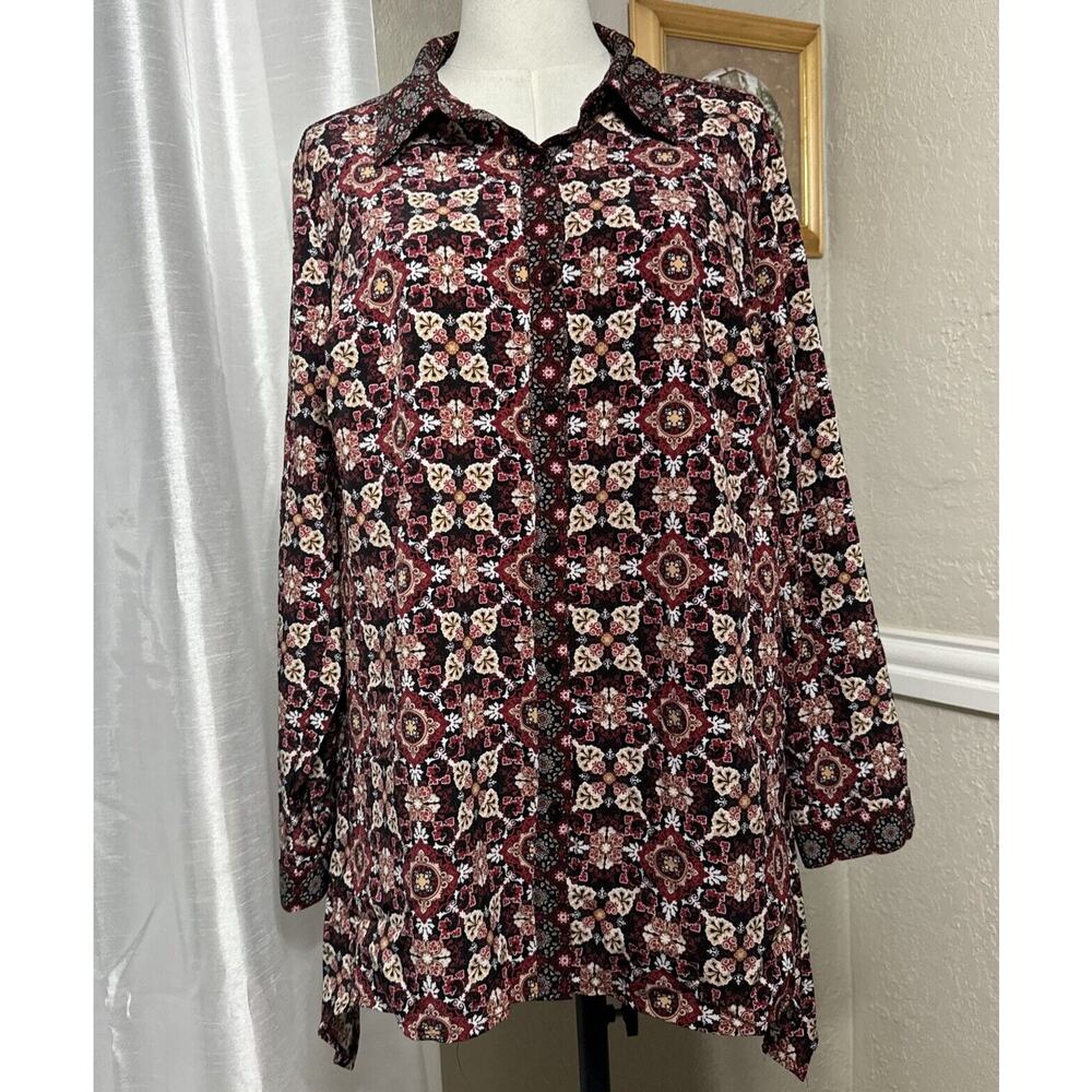 Vintage 70s Button Up Blouse Notations Womens Print Long Sleeve Size 1X